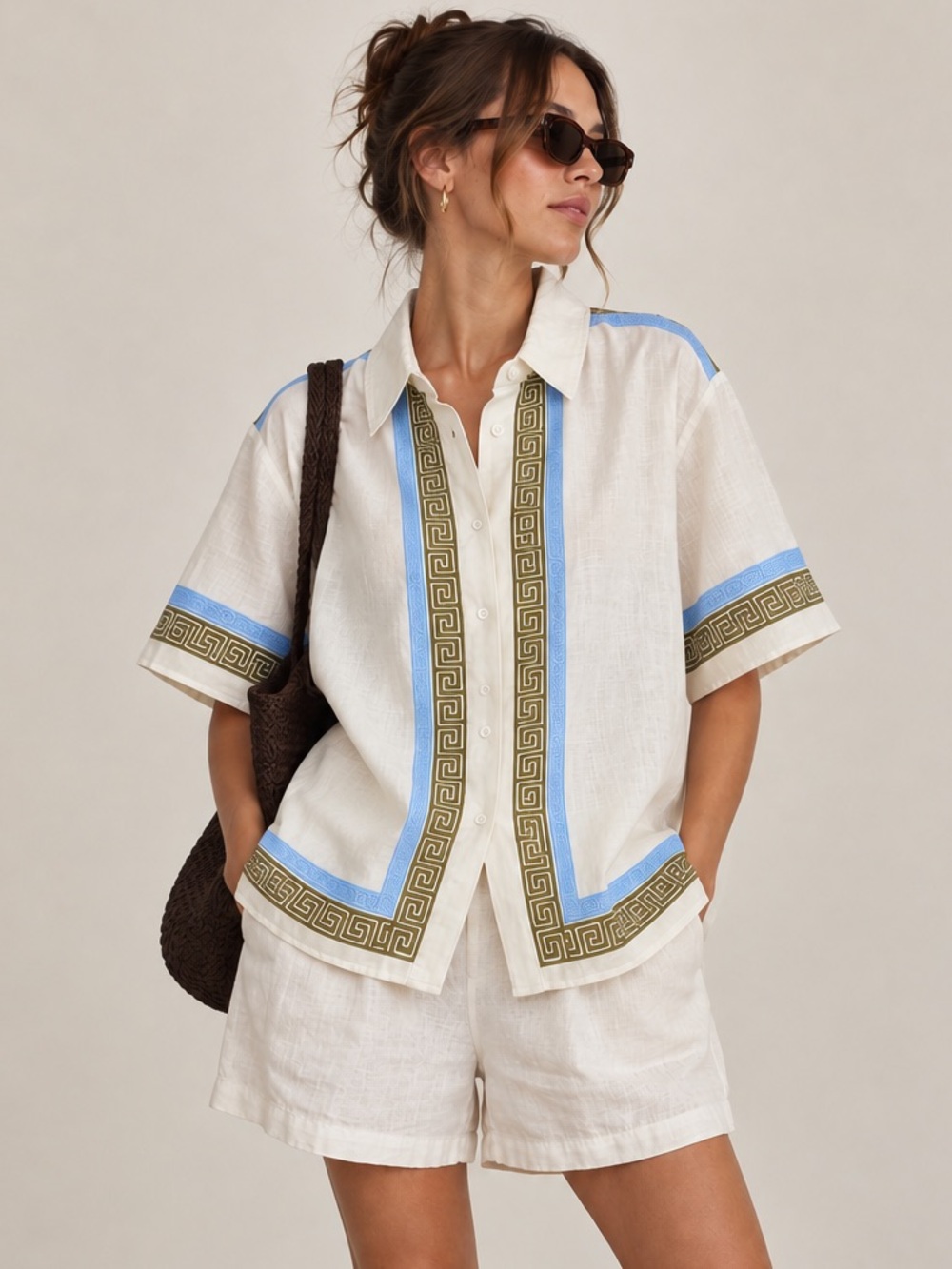Vrg Grl Linen Cream Short-Sleeve Button-Down Shirt with Blue & Olive Trim